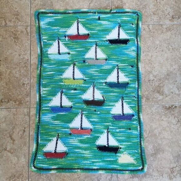 Handmade Crochet Sailboats Baby Blanket 23"x34" Nautical Blue Green Afghan Throw - Picture 4 of 7